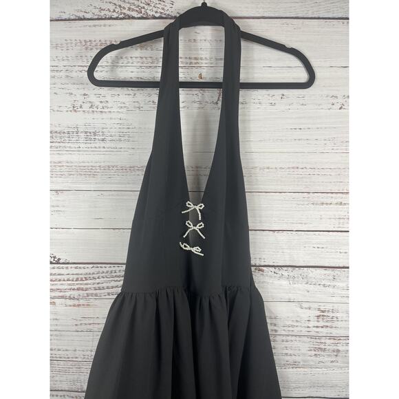 Commense Dress Women's Large Black Halter Pearl Bow Plunge Skater Cocktail Party - Picture 3 of 14